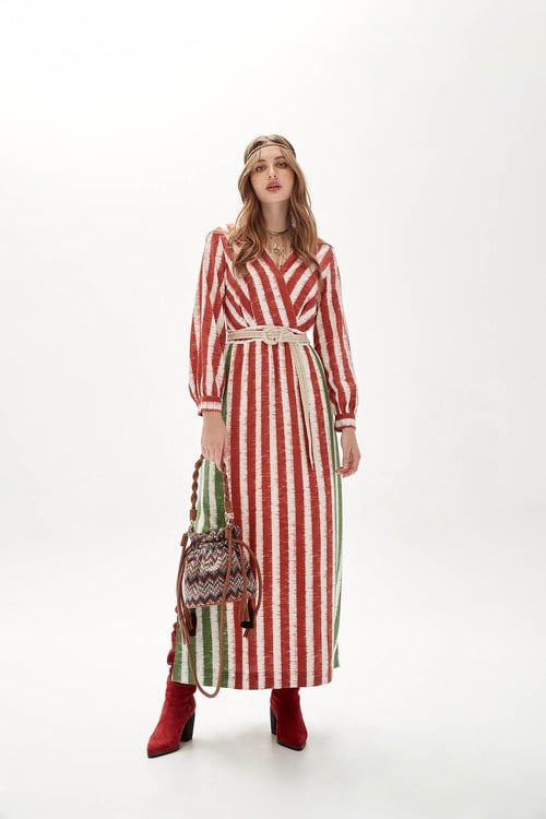 Folk style dress with colored stripes