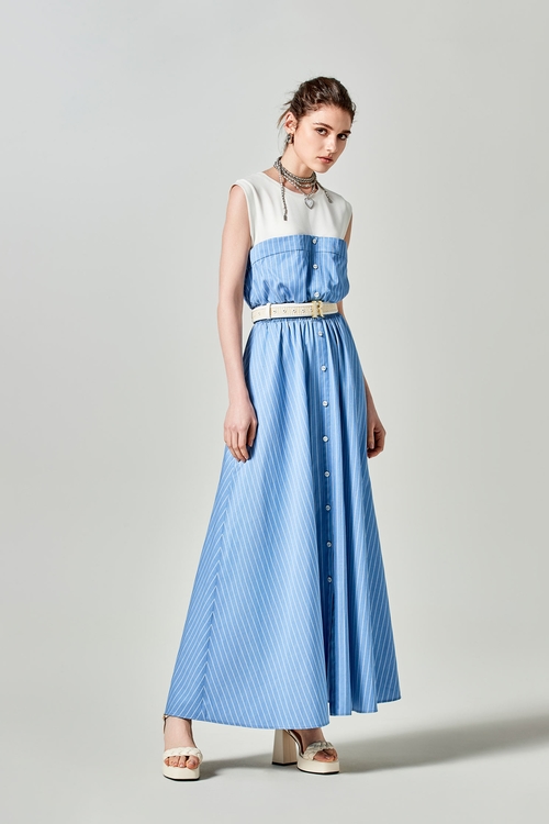 寧靜藍條紋拼接假兩件洋裝,條紋