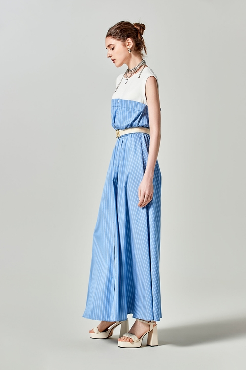 寧靜藍條紋拼接假兩件洋裝,連身洋裝,一般洋裝
