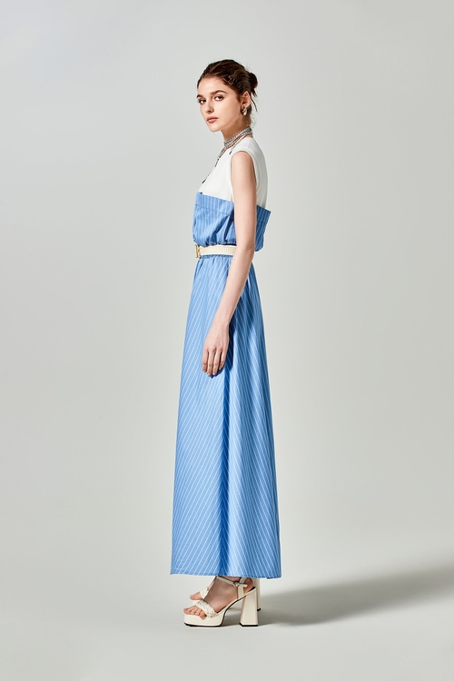 寧靜藍條紋拼接假兩件洋裝,連身洋裝,一般洋裝