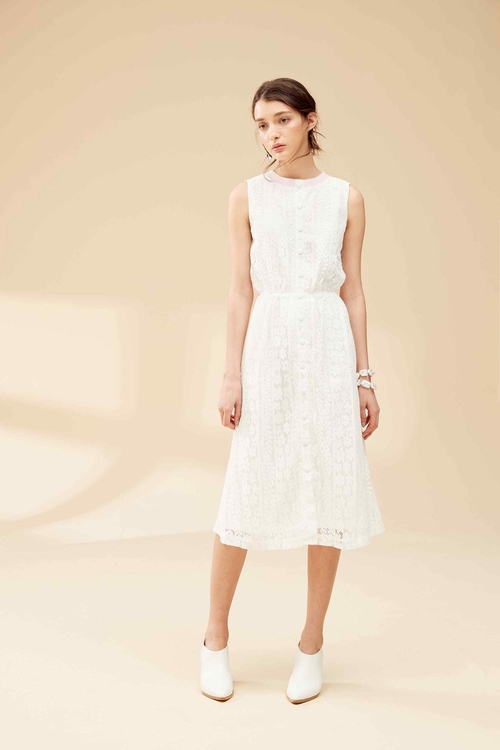 全蕾絲排釦經典洋裝,白色洋裝