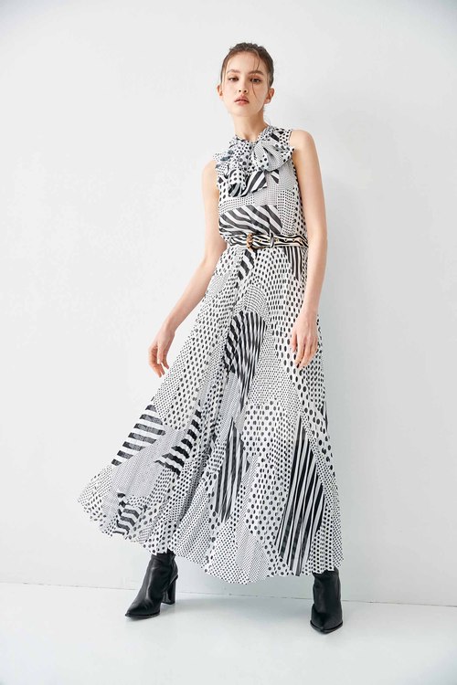Black and white dot chiffon long dress