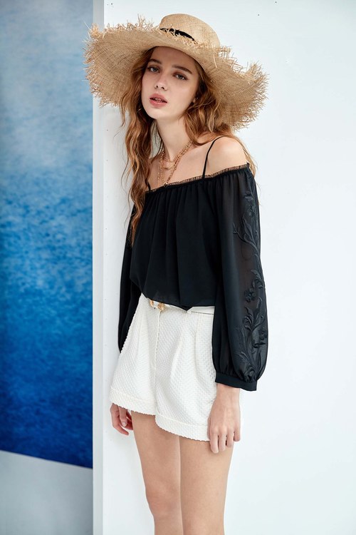 Black chiffon off-the-shoulder top with embroidery and long sleeves