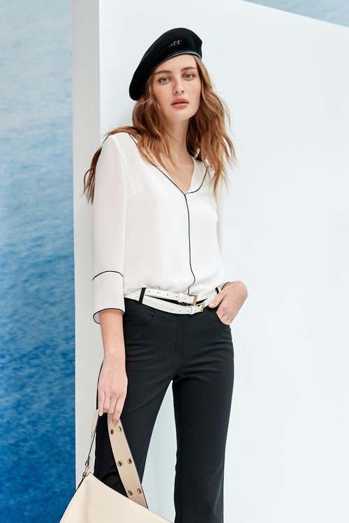 Embellished trim chiffon top with lapel collar