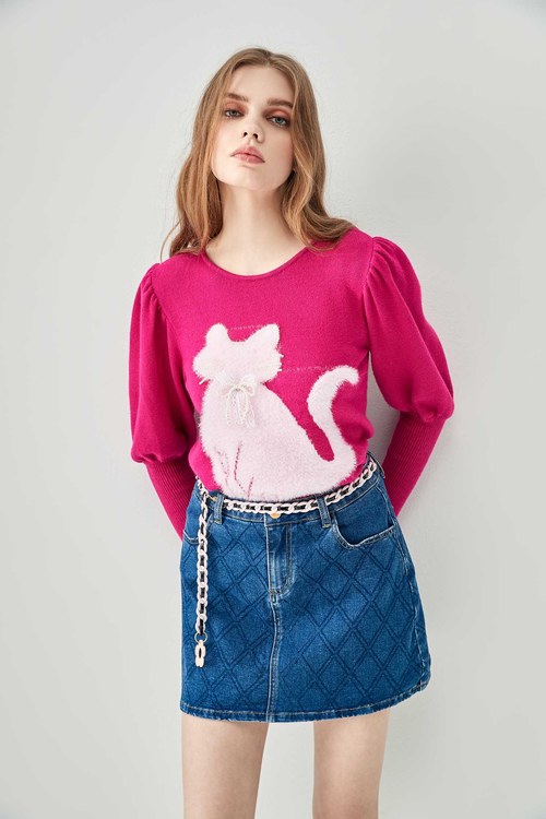 泡泡糖粉貓咪針織上衣,針織衫