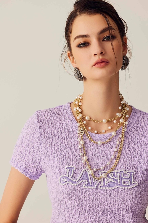 淺蔥紫彈性QQ繡花珍珠T恤,繡花,刺繡