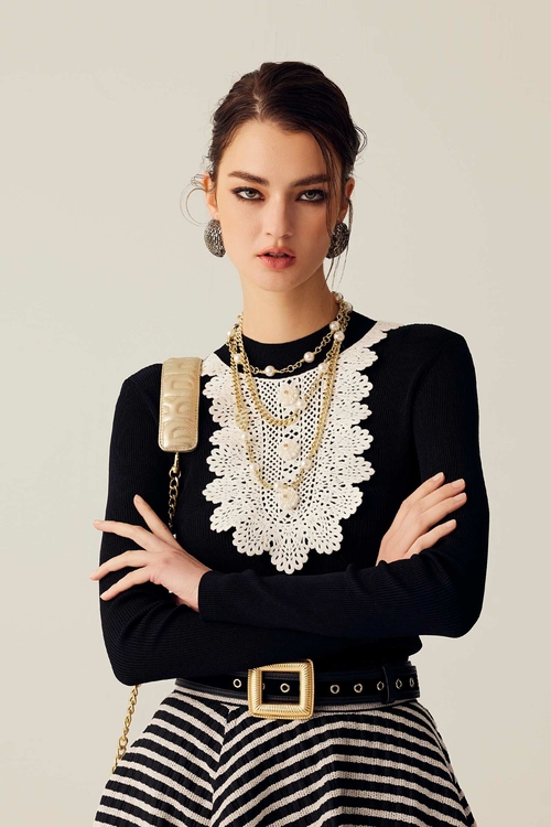 復古lace珍珠飾釦針織上衣,針織衫