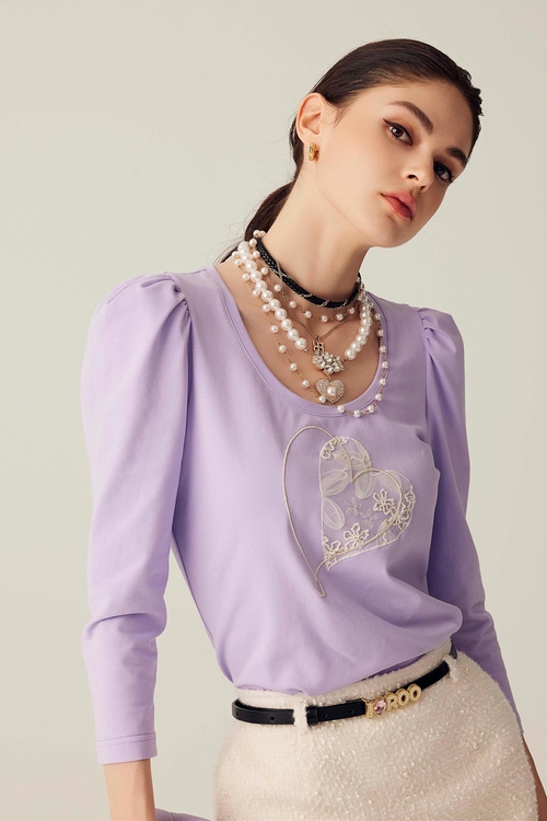 淺蔥紫愛心繡花７分袖T恤,繡花,刺繡