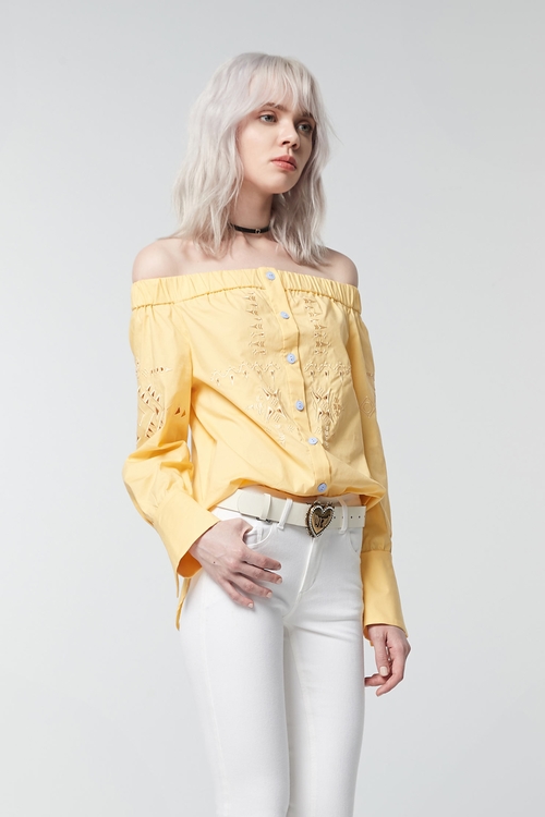 Goose yellow hollow embroidered top