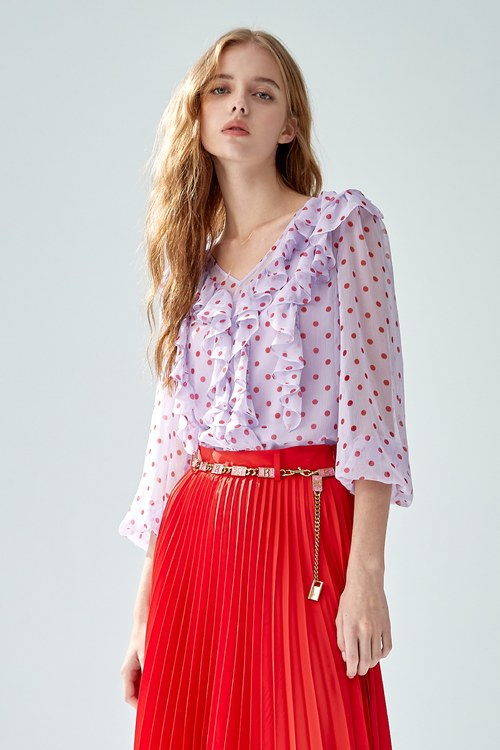 Flowing Polka red dot top with ruffle trims