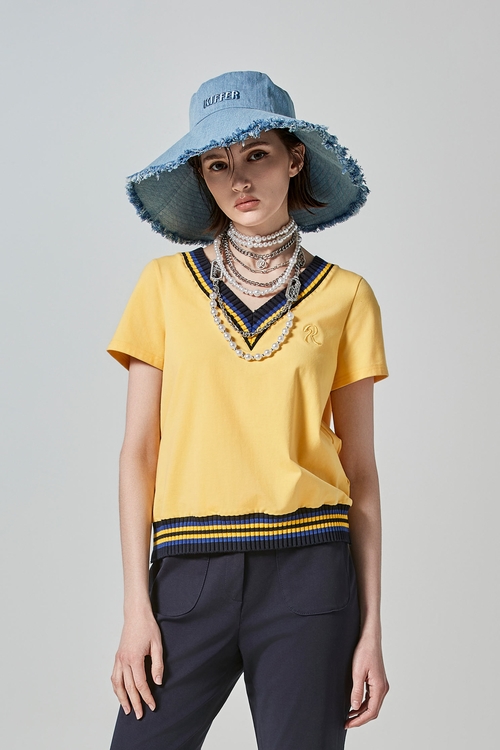 太陽黃拼色羅紋Ｔ,T-Shirt