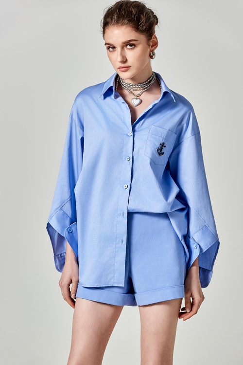 繡球花藍設計感寬鬆大襯衫,襯衫