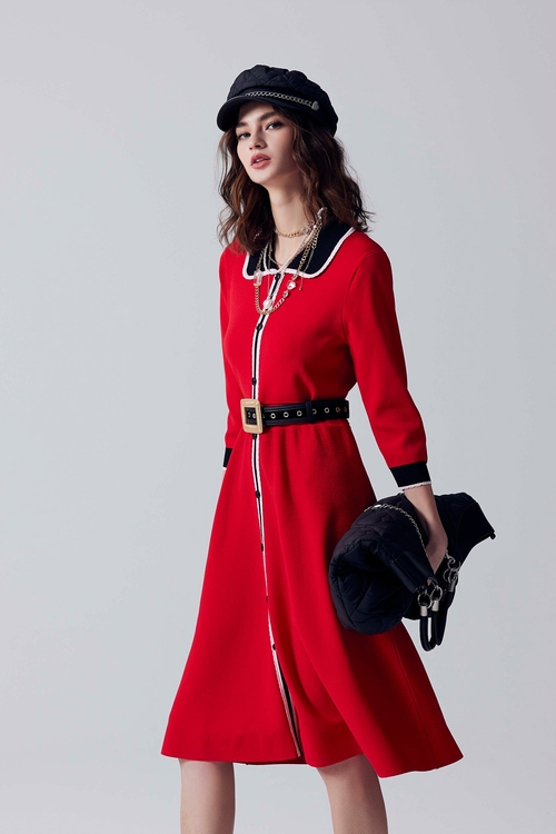 優雅深紅色復古針織洋裝,針織洋裝,小禮服