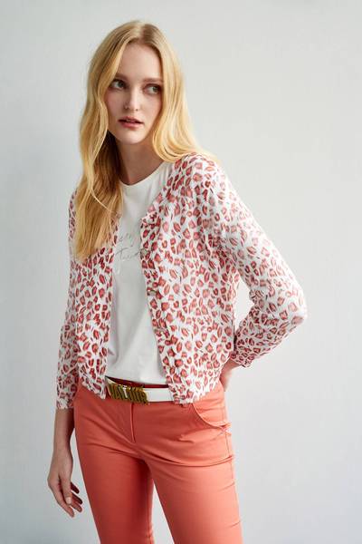 粉色豹紋印花開襟針織外套
