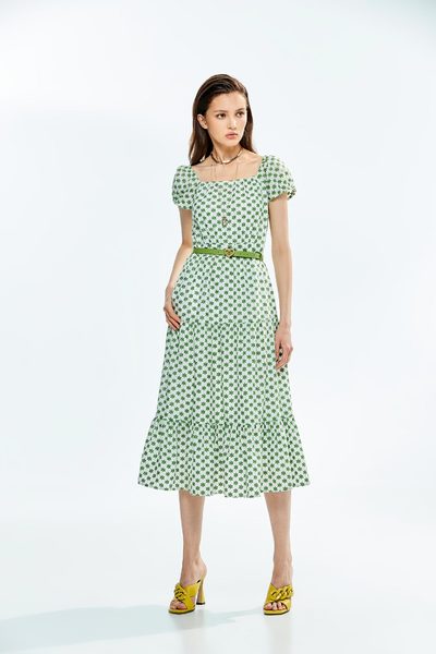 綠棉花朵刺繡洋裝