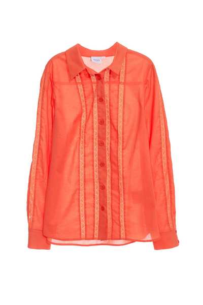 橘色鑲蕾絲條襯衫
