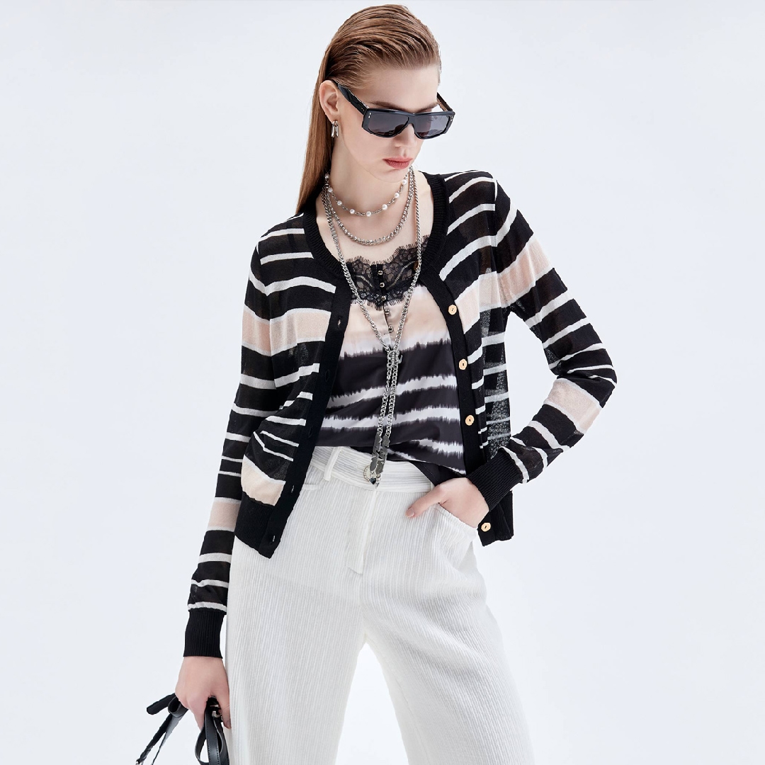 Button Front Stripe Knit Cardigan